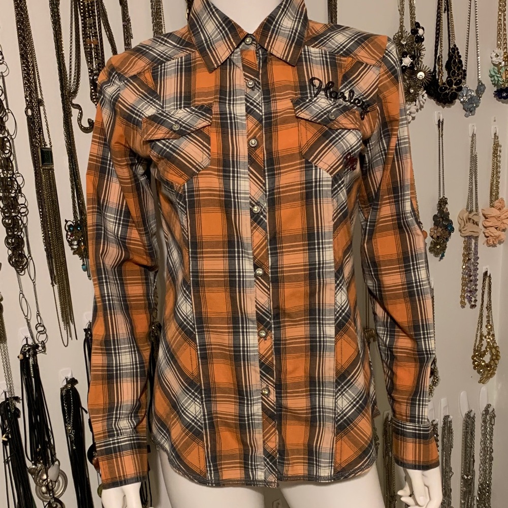 Harley-Davidson Orange and Black Plaid Shirt